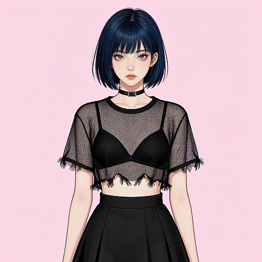 Digital anime-style illustration of a pale-skinned woman with short black hair, wearing a black mesh top over a black bra, black skirt, and ch