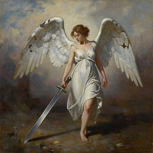 Digital painting of a melancholic angelic woman with white wings, wearing a flowing white dress, holding a sword, against a cloudy, dark background.