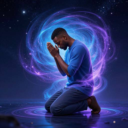 Photograph of a kneeling Black man with short hair, praying hands raised, surrounded by glowing blue-purple swirls against a starry night background, wearing