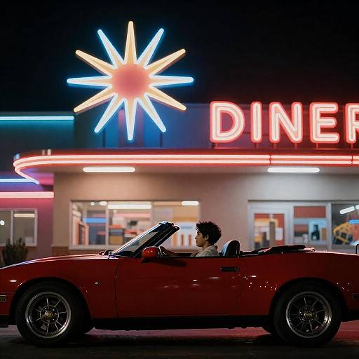 Neon-Lit Night Diner with Red Convertible