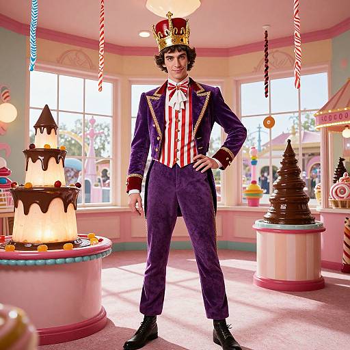 Photorealistic digital art of a young man in a purple suit, red and white striped shirt, crown, standing in a whimsical bakery with chocolate