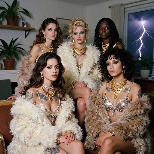 Photograph of five women with diverse skin tones, curly and wavy hair, wearing glittery lingerie and fur coats, posing indoors with a window showing