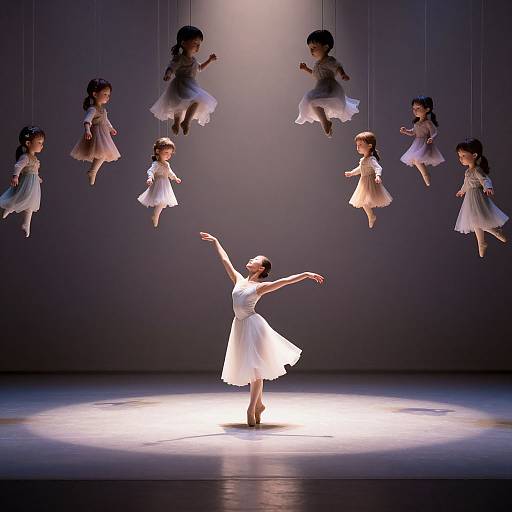 Photograph of a ballerina in a white dress, center stage, arms outstretched, surrounded by floating, suspended ballerinas in white