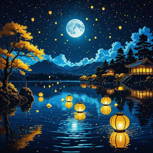 Moonlit Lake with Floating Lanterns