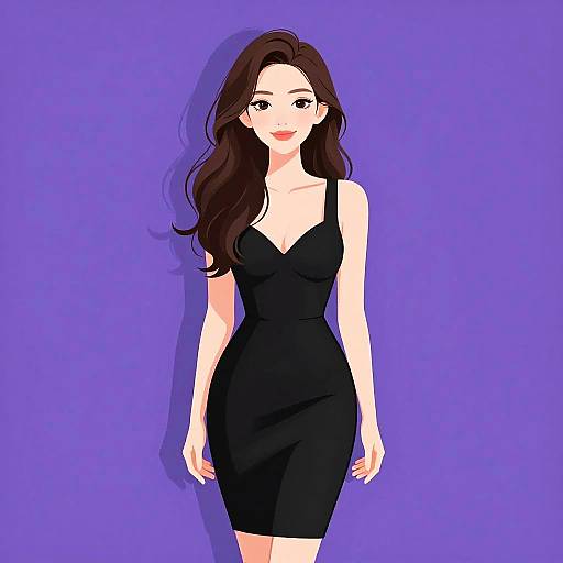 Digital anime-style drawing of a beautiful woman with long brown hair, wearing a tight black dress, standing against a solid purple background.