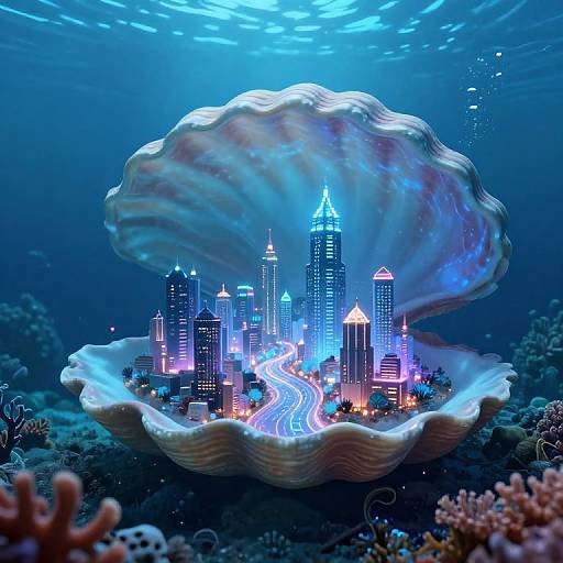 Underwater photograph of a futuristic city inside a glowing, oversized seashell, with neon-lit skyscrapers, winding light trail, and coral