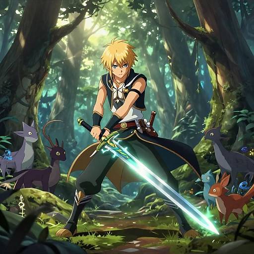Anime-style digital artwork of a blonde, blue-eyed warrior with a glowing sword, standing in a mystical forest surrounded by colorful, fantastical creatures.