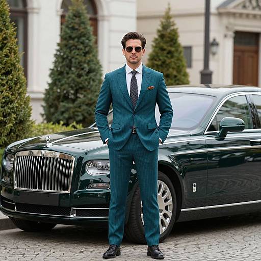 Photograph of a stylish man in a teal pinstripe suit, white shirt, and red tie, standing confidently in front of a black Rolls-R