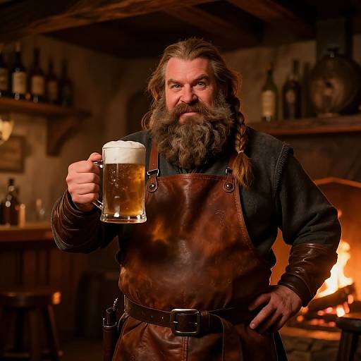Photograph of a bearded, long-haired man in a brown leather apron, holding a frothy beer mug, standing in a warmly lit,