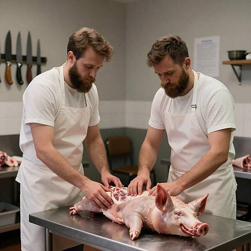 Two Butchers in Dimly Lit Shop