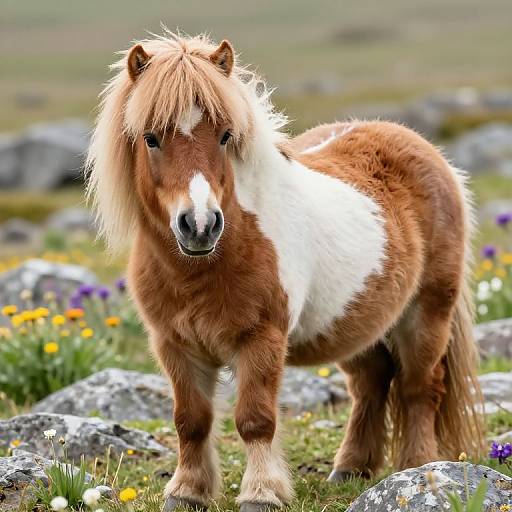 Photograph of a fluffy, chestnut and white pinto pony with a long mane standing amidst a rocky, flower-filled meadow.