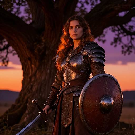 Photorealistic CGI of a fierce, armored woman with wavy brown hair, holding a sword and shield, standing before a large tree at sunset.