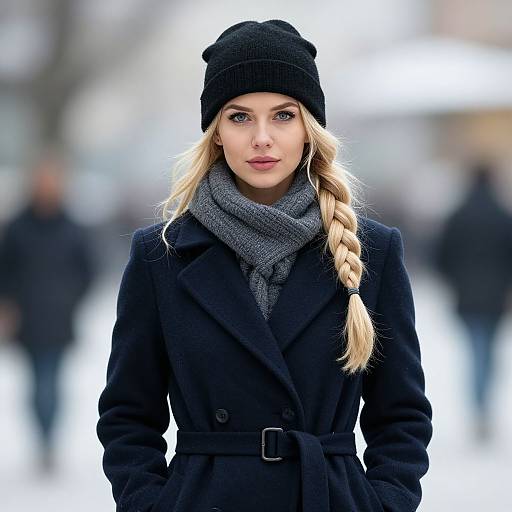 Photograph of a blonde woman with a long braid, wearing a black coat, gray scarf, and beanie, standing in a snowy urban setting