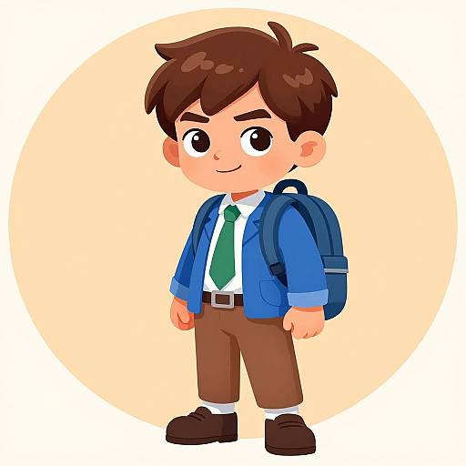 Cartoon-style drawing of a young boy with brown hair, wearing a blue jacket, green tie, brown pants, and a blue backpack, standing against