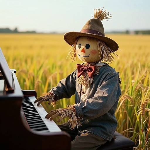 Photograph of a straw scarecrow with a brown hat, blue denim shirt, and red bowtie, playing a piano in a golden wheat field.