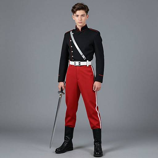 Photograph of a young man in a black military-style jacket with red pants, white belt, black boots, and a white sash, holding a