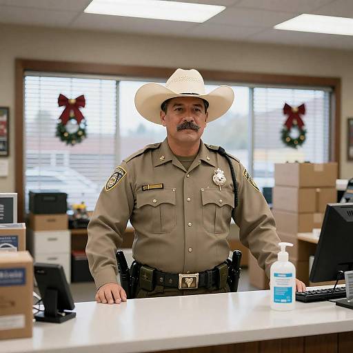 Cowboy-Hat Officer Behind Store Counter