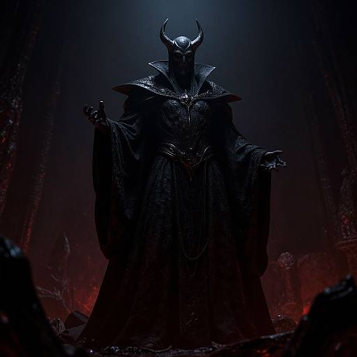 Dark, menacing figure in a glowing horned helmet and black, tattered cloak stands in a dimly lit, smoky forest. Digital art.