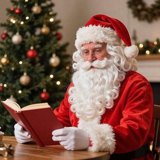 Santa Claus Reading by Christmas Tree
