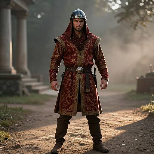 Photograph of a bearded man in medieval armor, red ornate robe, and metal helmet, standing on a misty forest path.