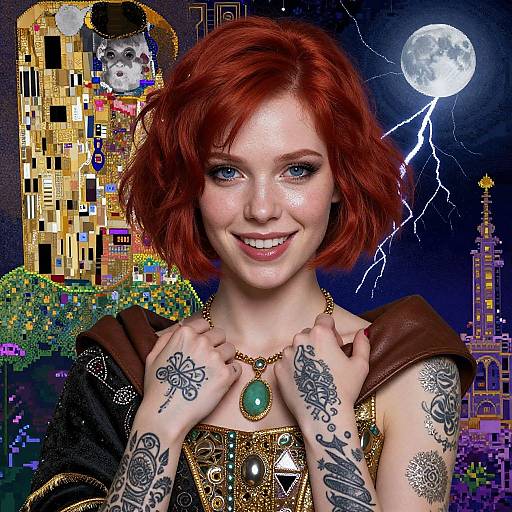 Digital art of a smiling red-haired woman with tattoos, blue eyes, green pendant, lightning bolt, cityscape, and Gustav Klimt-style