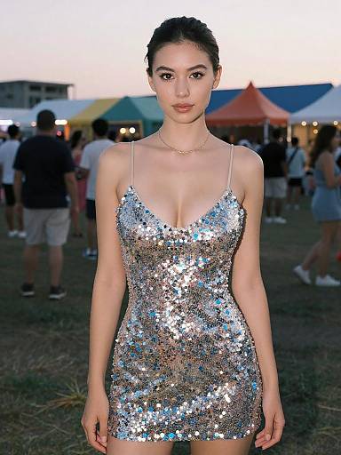 Photograph of a young woman with light skin and dark hair in an evening gown covered in silver sequins, standing outdoors at a festive event with colorful