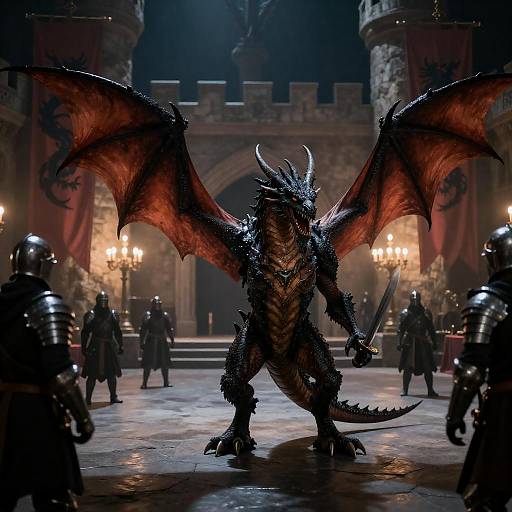 Epic Dark Dragon in Medieval Courtyard