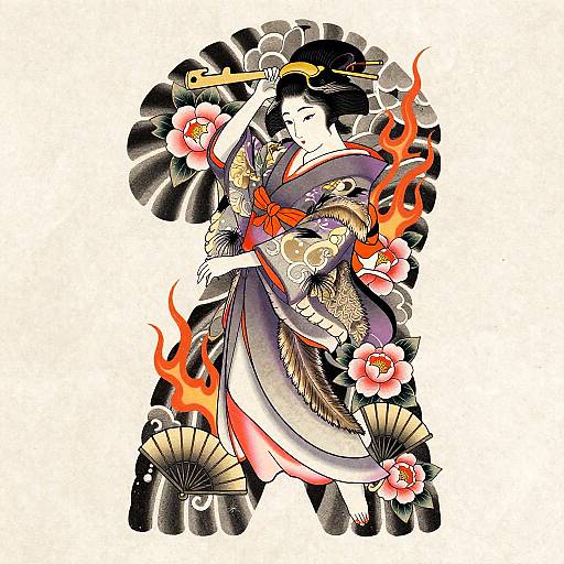 Graceful Geisha Irezumi Tattoo Flash