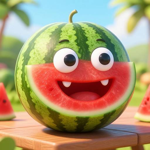 CGI cartoon image of a watermelon with green stripes, large white eyes, and a wide red smile with two fangs, sitting on a wooden