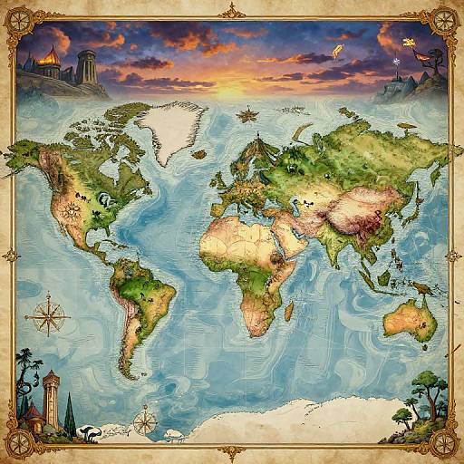 Vibrant, detailed world map with colorful land masses, ocean currents, and sunset sky; framed with ornate, vintage-style borders. Digital illustration