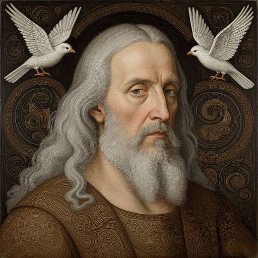 Digital painting of an elderly, bearded white man with long, wavy gray hair, wearing ornate brown robes, flanked by two white do