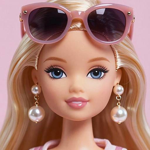 Photorealistic doll portrait with blonde hair, blue eyes, pink glossy lips, pearl earrings, and pink-tinted sunglasses on her forehead.