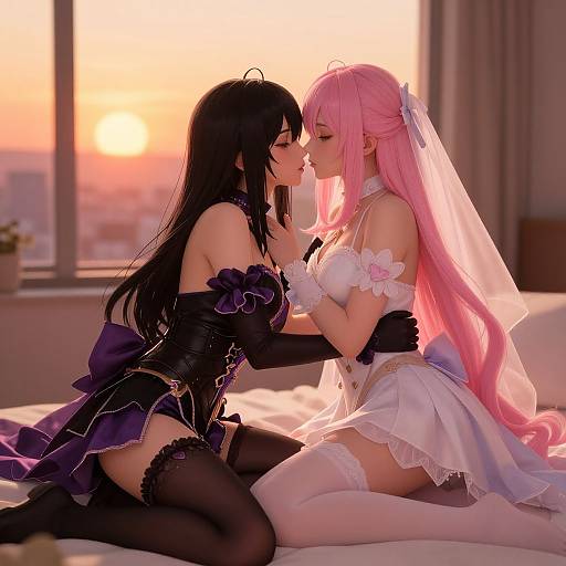 Anime-style digital artwork of two women, one with black hair and purple outfit, the other with pink hair and white dress, kissing on a bed during