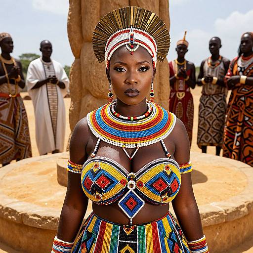 Photograph of a dark-skinned African woman in vibrant, traditional beaded attire with colorful geometric patterns, adorned with a radiant headpiece, standing in