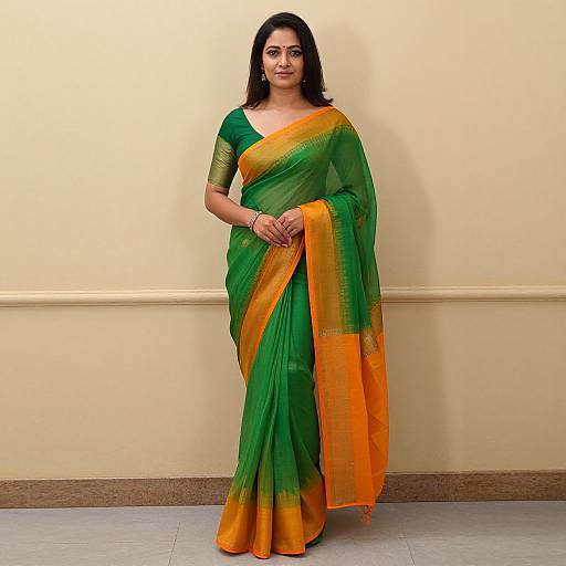 Woman in Green and Orange Cotton Saree