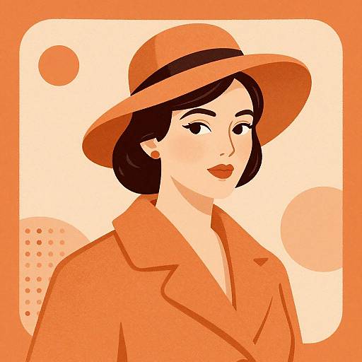 Digital illustration of a fair-skinned woman with black hair, wearing an orange wide-brimmed hat and matching coat, smiling against an orange background with