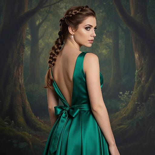 Photograph of a woman with fair skin, dark brown braided hair, wearing a low-back, emerald green satin dress, standing in a mystical