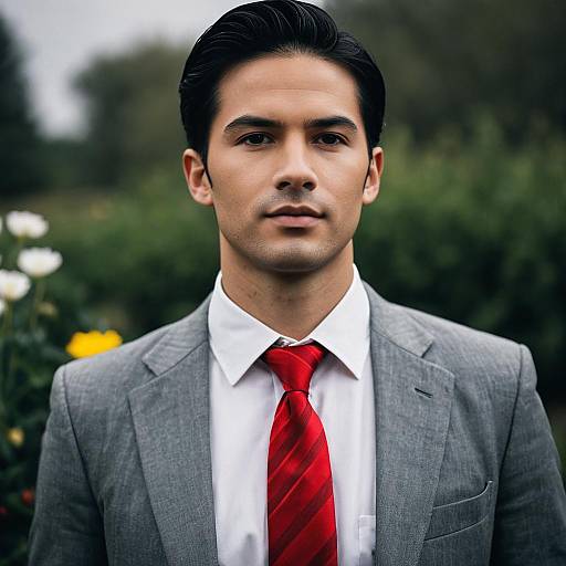Young Man in Gray Suit with Red Tie