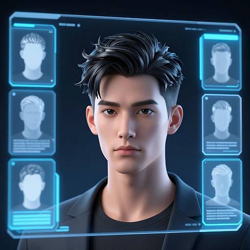 Digital CGI portrait of a young man with black, spiked hair, fair skin, and serious expression, surrounded by glowing blue holographic headshots.