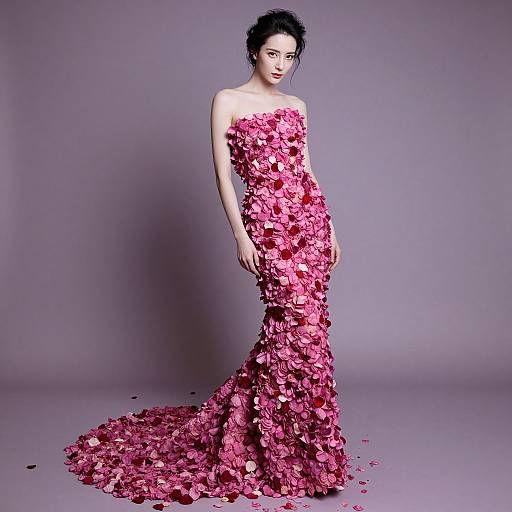 Photograph of a pale-skinned woman with dark hair in an updo, wearing a strapless, pink rose-covered, form-fitting gown with