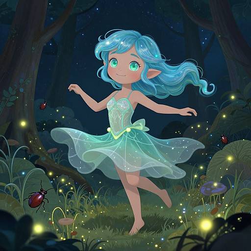Digital illustration of a cute, blue-haired fairy with glowing green eyes, wearing a translucent, glowing dress, dancing in a moonlit forest with fireflies