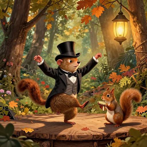 Digital illustration of a whimsical squirrel in a black top hat and tuxedo, standing on a forest path, with another squirrel holding a toothpick