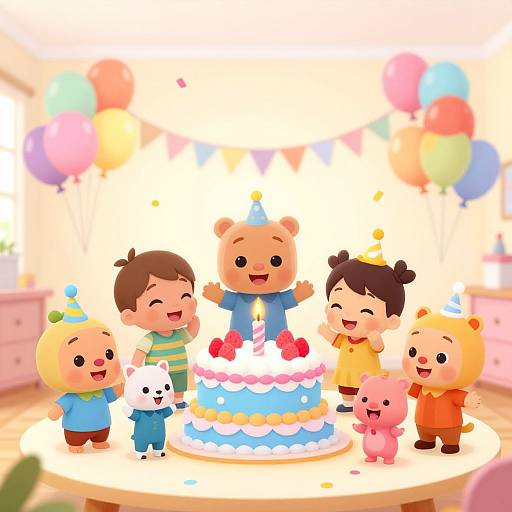 Colorful cartoon image of six happy children with diverse hairstyles and clothing, celebrating a birthday around a decorated cake with candles, surrounded by balloons in a bright