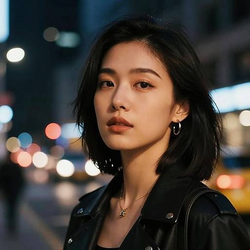 Photograph of an Asian woman with short black hair, wearing a black leather jacket and hoop earrings, standing on a city street at night, with blurred