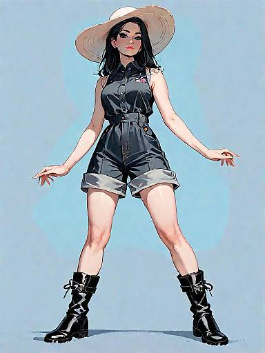 Woman in Navy Romper and Wide-Brimmed Hat