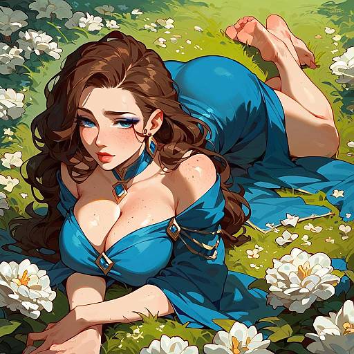 Stylized Graceful Woman in Blue Dress Among Flowers