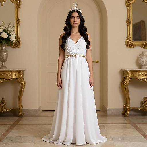 Photograph of a beautiful woman with long black hair, wearing a white satin wedding dress with a gold belt, and a silver tiara, standing in