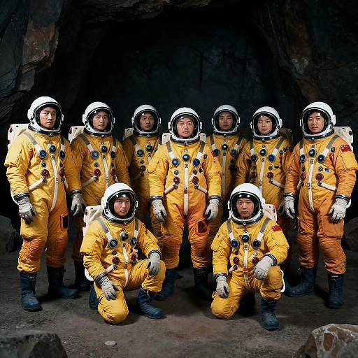 Astronauts in Yellow Suits in Dark Cave