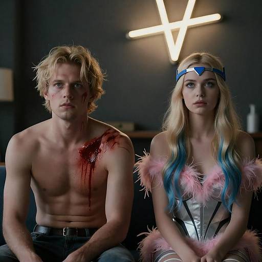 Injured shirtless man and futuristic dressed woman seated indoors