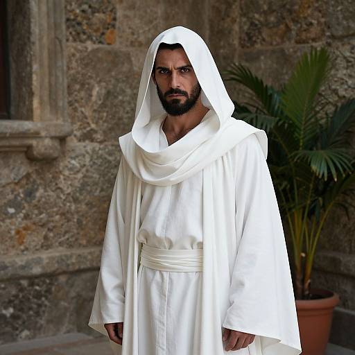 Photograph of a bearded man with dark skin, wearing a white robe and hood, standing against a stone wall with a potted plant in the